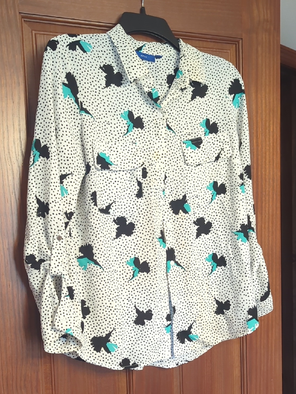 Apt. 9 White Polka Dot Blouse with Teal Accent